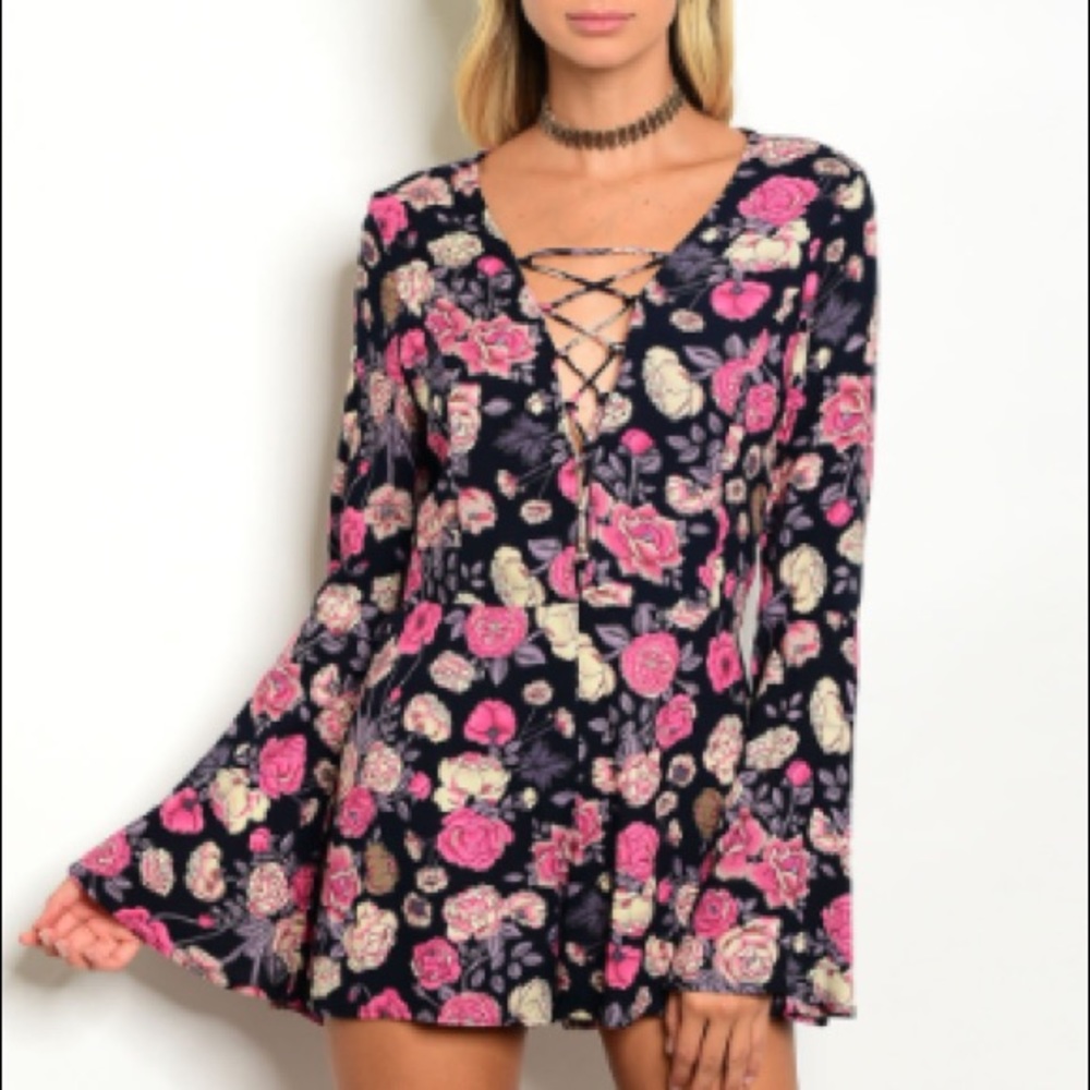Navy floral romper with a plunge lace-up neckline. - Picture 2 of 6